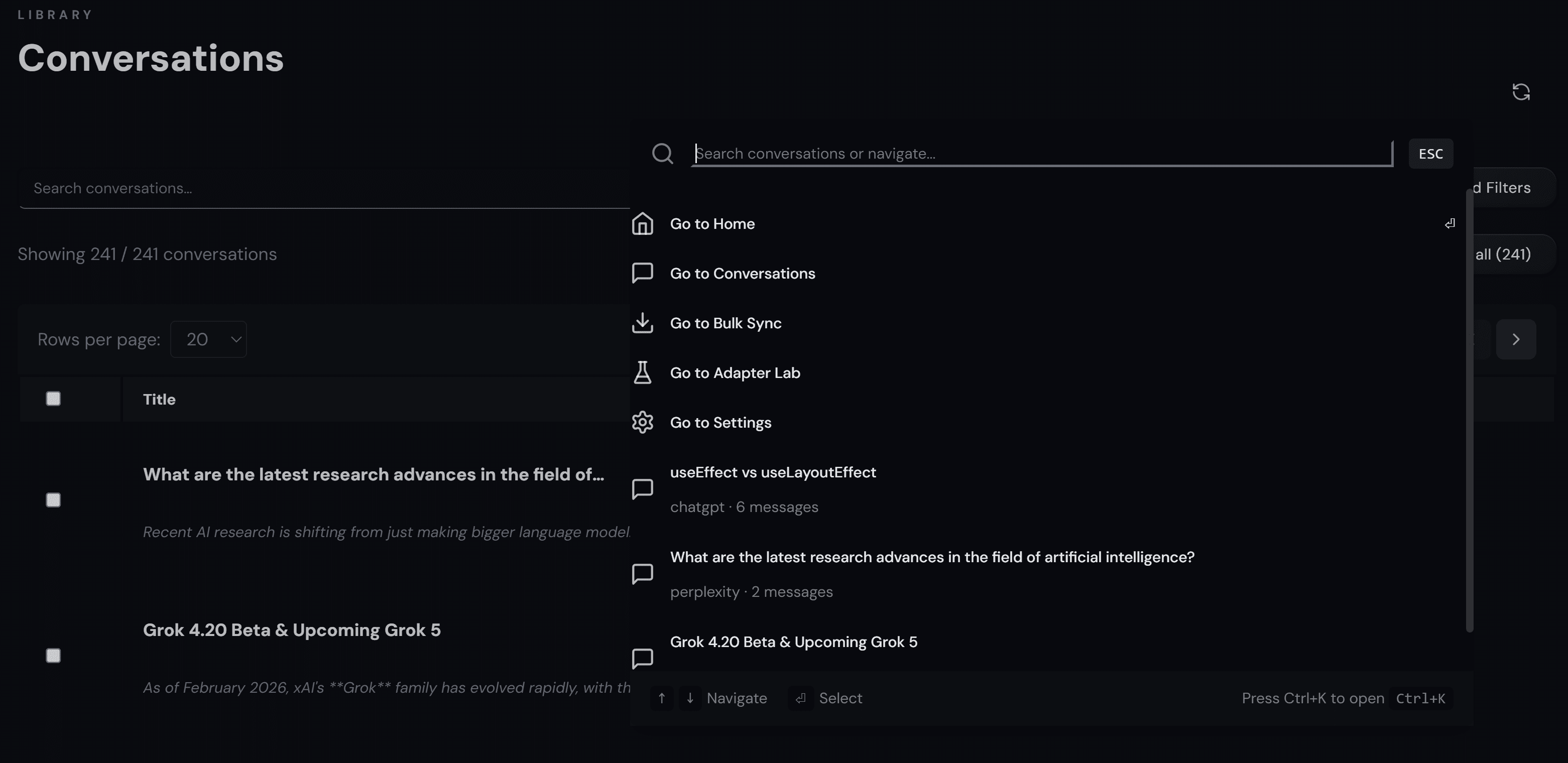 ChatEngram Spotlight search — search across all AI conversations with Ctrl+K
